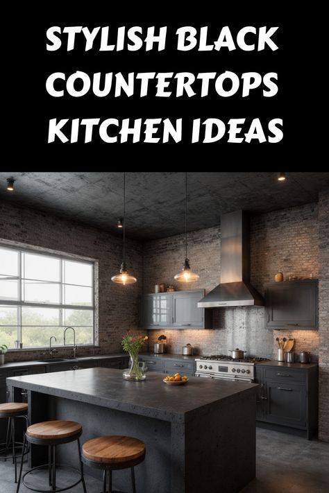 Stylish modern kitchen with black countertops and industrial design elements. Dark Concrete Countertops, Black Laminate Countertops, Kitchen With Black Countertops, Black Countertops Kitchen, Black Lower Cabinets, Black Kitchen Design, Black Kitchen Countertops, Black Counters, Black Granite Countertops