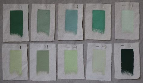 Best Jade and Celadon Green Paint Colors, Remodelista [Not a great photo for judging colors but I am very partial to Number 3: Farrow & Ball's Green Blue, and Number 4: Farrow & Ball's Arsenic. Have always loved Number 10: Benj Moore's Lafayette Green but have nowhere to use it — 14-05-14] Jade Paint, Green Ground, Green Paint Colors, Paint Color Palettes, Celadon Green, Green Rooms, Color Studies, Green Paint, Color Tile