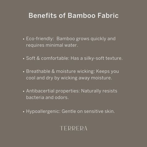 Ever wondered what makes bamboo fabric so special? Learn all about this eco-friendly textile and the different types we offer at Terrera! 🌿⁠ ⁠ #bamboofabric #bambooclothing #sustainablefashion Bamboo Clothing, Bamboo Fabric, Soft Textures, Good Skin, Different Types, Moisture Wicking, Sensitive Skin, No Response, I Am Awesome