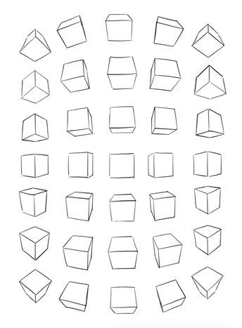 Basic Perspective Reference, Cubes Perspective Drawing, Cube Rotation Drawing, Box Perspective Reference, Anatomy Practice Shapes, Basic Shapes To Draw, Cubes From Different Angles, Rotating Boxes In Perspective, Anatomy Basic Shapes Drawing Reference