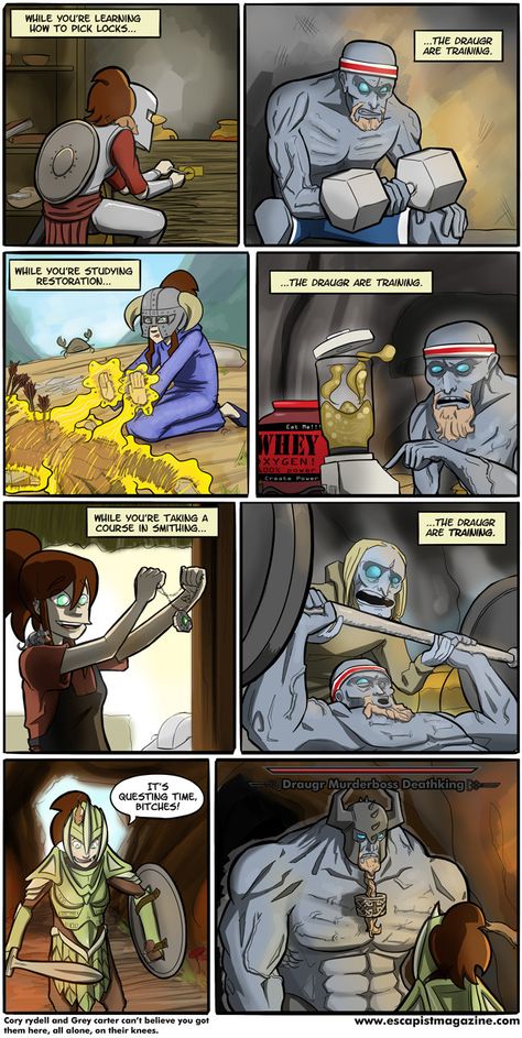 The Draugr were training Skyrim Comic, Skyrim Funny, Video Game Logic, Elder Scrolls Art, Elder Scrolls Skyrim, Dnd Funny, Video Game Memes, The Elder Scrolls, Gamer Humor