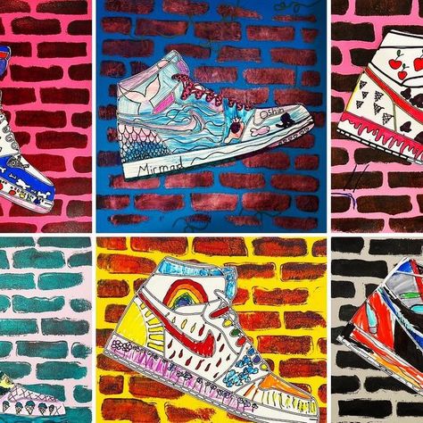 Shoe Design Art Project, Design A Shoe Art Project, Shoe Art Project, Graffiti Art Projects Middle School, Pop Art Shoes, Shoe Design Art Lesson, Pop Art High School Art Project, Pop Art Lesson High School, Graffiti Lesson Middle School