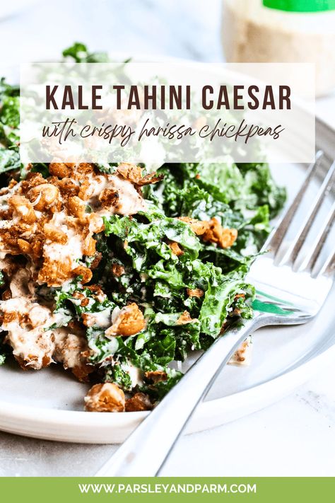 This Middle Eastern-influenced take on kale Caesar salad requires a few extra minutes to roast the chickpeas, but is absolutely worth every second! Your family will flip over this dinner side salad any day of the week. Tahini Caesar Dressing, Crispy Roasted Chickpeas, Roasted Kale, Tahini Salad Dressing, Garlicky Kale, Crispy Kale, Kale Caesar, Kale Caesar Salad, Caesar Salad Recipe