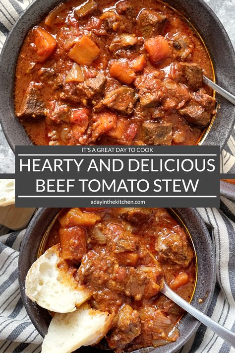 Hearty and Delicious Beef Tomato Stew - Gluten-Free and Low-Carb Beef And Tomato Stew, Beef Stew With Tomato Soup, Beef Stew With Tomato Sauce, Tomato Beef Stew, Gluten Free Beef Stew, Beef Chunks, Gluten Free Meal Prep, Tomato Stew, Beef Tomato