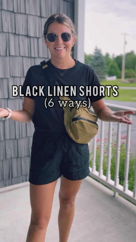 Black linen shorts outfit, linen shorts style, black shorts outfit, how to wear black shorts, linen shorts outfit, summer style, casual style, black shorts summer Dressed Up Shorts Outfit, High Waisted Linen Shorts Outfit, Women Black Shorts Outfit, Shorts With Belt Outfit, Black Shorts Casual Outfit, Black Shorts And Black Top Outfit, Black Shorts Outfit Casual, All Black Shorts Outfit Summer, Shorts Style For Women