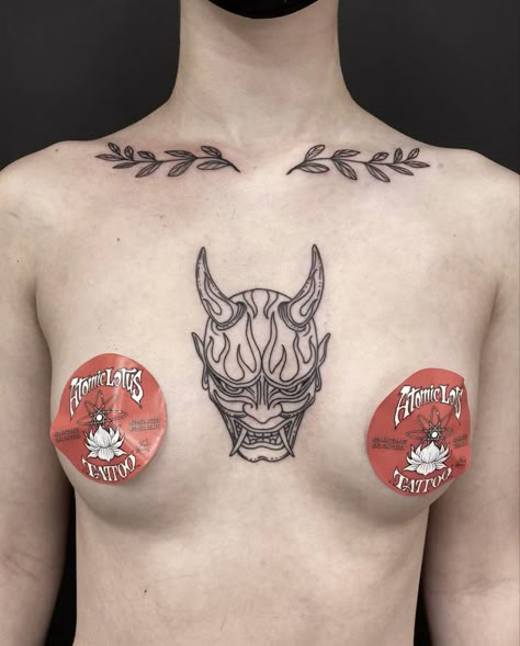 Oni Tattoo Chest, Tattoo Collarbone, Oni Mask Tattoo, Oni Tattoo, Collarbone Tattoo, Patchwork Tattoo Ideas, Patchwork Tattoo, Oni Mask, Back Tattoos For Guys