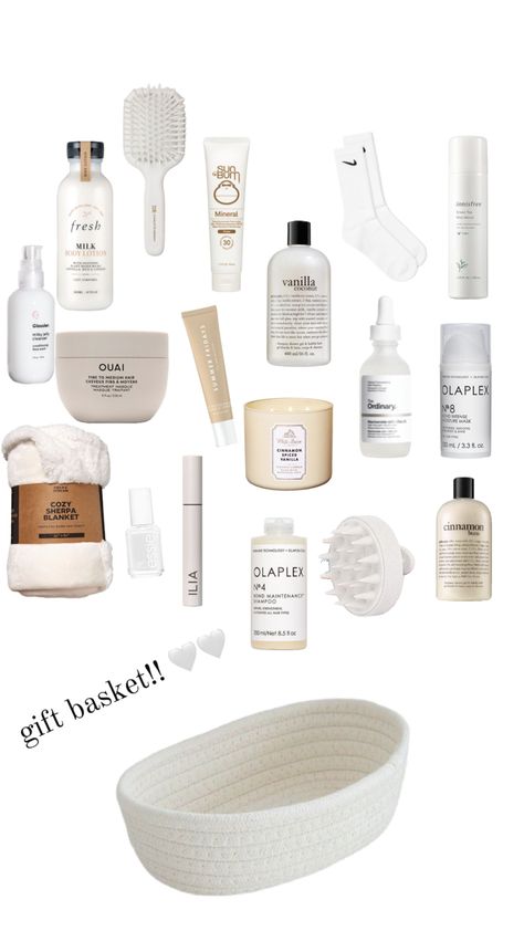 white, white basket, skincare, makeup, blanket, candles, the ordinary, ouai, olaplex, sunbum, summer fridays, hair care, nail polish Girly Christmas Gifts, Care Basket, Birthday Presents For Friends, White Basket, Preppy Gifts, Birthday Basket, Hair Care Gifts, Cute Gifts For Friends, Diy Birthday Gifts For Friends