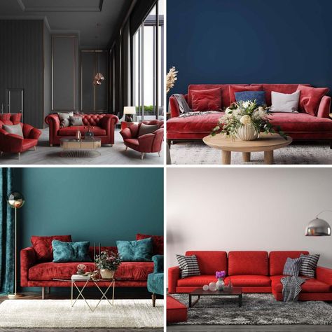 different room designs with red couch Red Couch Wall Color, Red Couch Living Room Ideas Rustic, Decor With Red Couch, Red Sofa Living Room Color Schemes Leather Couches, Red Chesterfield Sofa Living Room Ideas, Red Couch Living Room Ideas Apartments, Red Couch Aesthetic, Red Leather Sofa Living Room Ideas, Red Couches Living Room Decor