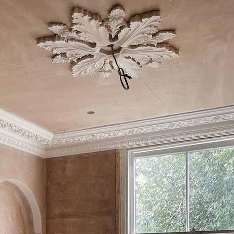 The family bathroom is really coming together, the beautiful ornate Victorian cornice and ceiling roses by @PlasterMouldingsLondon were i... | Instagram Victorian Ceiling Rose, Victorian Ceiling Design, Victorian Cornice, Colourful Ceiling, Modern Victorian Bedroom, Cornice Ceiling, Cornices Ceiling, Ornate Ceiling, Waterfall Garden