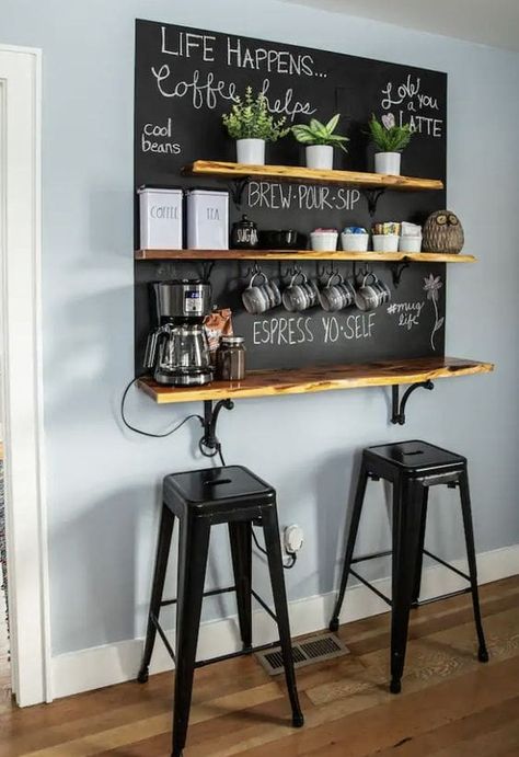 40 Coffee Bar Ideas to Espresso Your Style at Home 41 40 Coffee Bar Ideas to Espresso Your Style at Home Coffee Corner In Office, Floating Shelves Coffee Bar, Coffee Bar Ideas Rustic, Coffe Corners Ideas, Wall Coffee Bar, Home Coffee Bar Ideas, Bar Design Home, Coffee Organization, Bar Deco