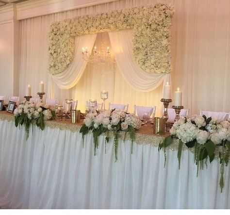 Large Ivory Flower Arch Wall with a chandelier and White Draping Now Available @idesignevents Event Backdrops, Head Table Decor, Wedding Reception Design, Head Tables, Arch Wall, Flower Arch, Wedding Colour, Ivory Flower, Event Backdrop