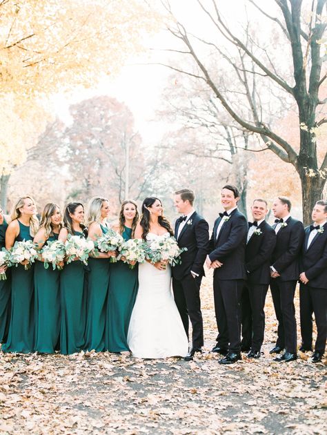 Emerald And Champagne Bridesmaid Dresses, Forest Green Wedding Bridal Party, Emerald Green Bridesmaid Dresses And Groomsmen, Forest Green Bridal Party Attire, Black Suit Green Dress Wedding, Emerald Green Bridesmaid And Groomsmen, Dark Green Bridesmaid Dresses With Groomsmen, Emerald Wedding Groomsmen, Emareld Green Wedding Theme