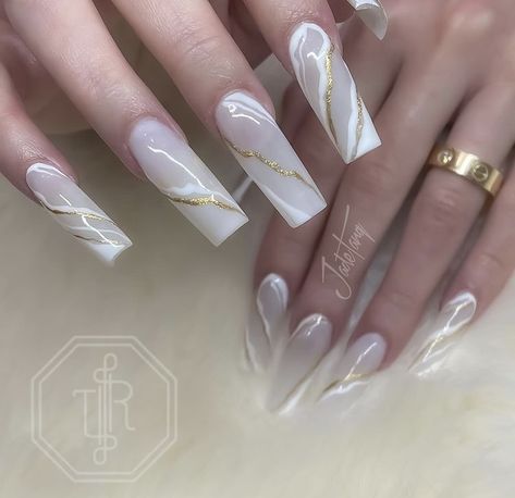 Milky White Nails With Green Design, Milk White And Gold Nails, Milky White Birthday Nails, Nails White Gold Design, Milky White And Green Nails, Milky White Gold Nails, Milky Gold Nails, Milky White With Design, Milky Nails With Gold