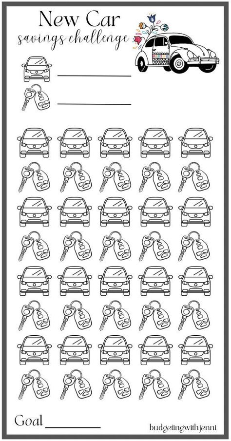 New Car Savings Challenge. Set your goal amount and determine what the two icons will be worth. Color them in as you save and watch your savings tracker come to life. There are 40 icons to help you obtain this goal. Go at your own pace. *FREE GIFT INCLUDED Printing Information: *Digital Download  *This is printed on 8.5 x 11 US letter size paper *Once printed, cut and place inside your A6 envelope *Color will vary depending on ink and printer Disclaimer: This is a PDF Digital Download. No physic New Car Savings Challenge, Car Savings Challenge, Saving Challenge, Car Saving, Saving Coins, Saving Money Chart, Money Chart, Money Saving Methods, Money Saving Techniques