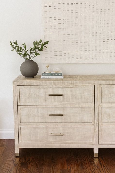 Floating Bedroom Dresser, Small Space Dresser, Small Bedroom Dresser Ideas, Small Bedroom Dresser, Cream Bedroom Walls, Small Dresser Decor, Bedroom Dresser Ideas, Bedroom Dresser Styling, Cream And White Bedroom