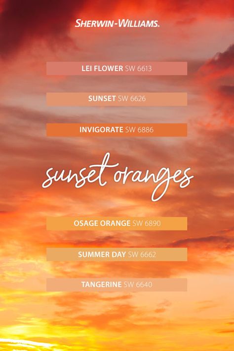 The best paint color inspiration comes from the world around us. Look to the sky at golden hour for warm, inviting hues, like Lei Flower SW 6613, Sunset SW 6626 and Osage Orange SW 6890. Tap this pin to browse more orange paint colors. #sherwinwilliams #vacation #paintinspiration #orangepaint Sunset Orange Living Room, Golden Hour Paint Color, Sunrise Paint Colors, Golden Hour Color Palette Wedding, Sunset Orange Bathroom, Sunset Room Paint, Sunset Golden Hour Aesthetic, Golden Hour Color Scheme, Sunrise Colors Palette