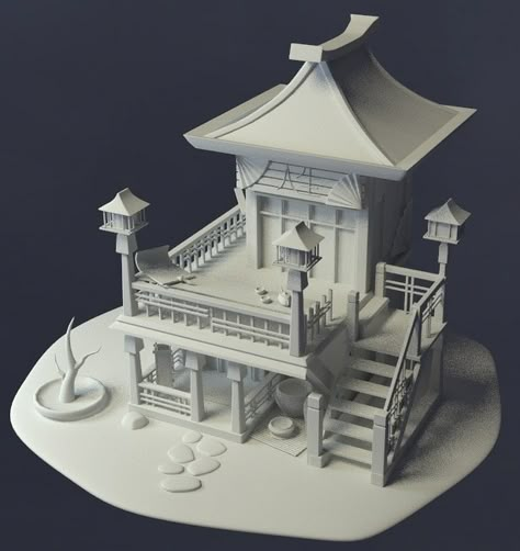 ArtStation - Japanese house 3D, Svetlana Kalapa Blender 3d Building, Stylized House, Japanese Exterior, Fantasy Buildings, Japanese Village, Japanese Shrine, Environment Props, 3d Concept, Building Concept