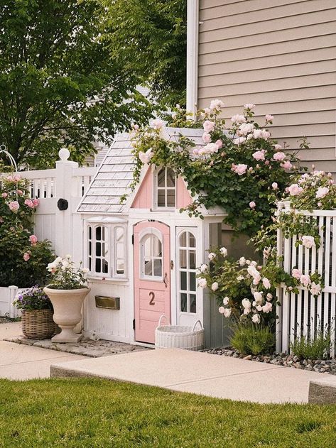 Pink Playhouse, Playhouse Decor, Teacup Flowers, Cottage Outdoor, Cute Cottages, Backyard Sanctuary, Playhouse Outdoor, Seaside Cottage, Backyard Play