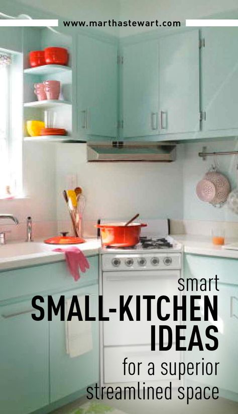 Smart Small-Kitchen Ideas for a Superior Streamlined Space | Martha Stewart Living - When kitchen space is limited, a thoughtful and efficient design is integral to making the most of every square inch. Whether you rent or own your home, these creative small-kitchen ideas will maximize your room's dimensions. Small Kitchen With Two Doors, Fun Small Kitchen Ideas, Small Kitchen Ideas Layout 8x8 Square, Small House Remodeling Ideas, Small Square Kitchen Ideas, House Remodeling Ideas, Renters Kitchen, Smart Kitchen Ideas, Organizing Kitchen