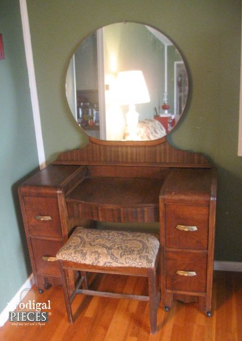 16 Amazing Vanity Makeovers from Art Deco to Antique - a must see! by Prodigal Pieces. www.prodigalpieces.com #prodigalpieces Refinished Vanity, Waterfall Furniture, Art Deco Bedroom Furniture, Vanity Makeover, Art Deco Vanity, Art Deco Bedroom, Antique Vanity, Furniture Rehab, Furniture Vanity