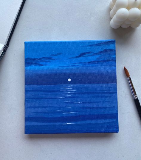 Canvas Blue Painting, Dark Blue Canvas Painting, Simple Blue Painting Ideas, Simple Blue Paintings, Painting Ideas Blue Background, Easy Moon Painting, Painting Ideas Blue, Blue Painting Ideas, Blue Canvas Painting