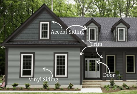 Mixed Siding Exterior Colors, Home Exterior Vinyl Siding, Vinyl Siding Update, Home Exterior Makeover Vinyl Siding, Updating Vinyl Siding Exterior, Vinyl Siding Ideas Exterior Farmhouse, Deep Moss Vinyl Siding, Twilight Shadow Vinyl Siding, Dark Gray Vinyl Siding Exterior