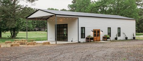 Garage Turned Event Space, Metal Building Event Space, Micro Venue Ideas, Small Event Space Design Ideas, Metal Building Event Venues, Small Event Center Design, Barn For Events, Small Event Venue Spaces, Small Event Center Floor Plans