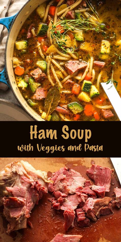 Ham soup with veggies and pasta is a hearty, one-pot meal featuring tender ham, colorful vegetables, and pasta in a savory, seasoned broth. Comforting and delish! Ham And Veggie Soup, Ham Vegetable Soup, Ham Vegetable Soup Recipes, Healthy Ham Soup, Ham And Vegetable Soup, Ham And Pasta, Soup With Veggies, Vegetable Soup Crock Pot, Turkey Rice Soup