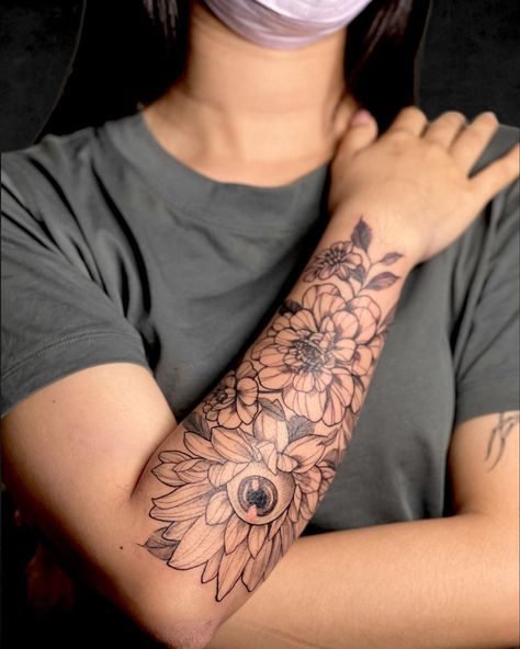 Eyeball Flower Tattoo, Marigold Tattoo, Flower Tattoo Sleeve, Sleeve Ideas, Marigold Flower, Sleeves Ideas, Sunflower Tattoo, Forearm Tattoo, Creative Tattoos