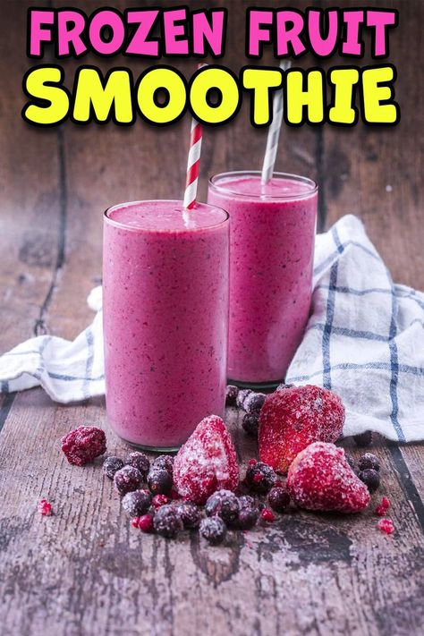 Two glasses of frozen fruit smoothie with a text title overlay. Frozen Berry Smoothie, Mixed Fruit Smoothie, Frozen Fruit Recipes, Frozen Fruit Smoothie, Smoothie Diet Challenge, How To Make Smoothies, Fruit Mixes, Diet Challenge, Easy Smoothie Recipes