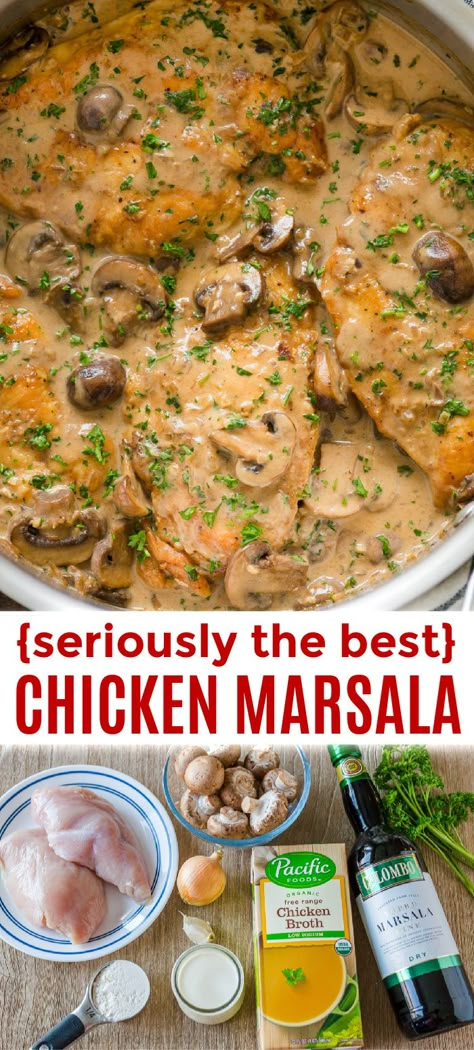 How to make Chicken Marsala! An easy 30-minute recipe (with Video Tutorial). Juicy pan-fried chicken topped with a creamy marsala wine sauce. #chickenmarsala #chickenmarsalarecipe #natashaskitchen #chickendinner #chickenrecipes Chicken Marsala Recipe, Marsala Recipe, Marsala Chicken Recipes, Marsala Wine, Chicken Entrees, Chicken Marsala, Chicken Main Dishes, Wine Sauce, Chicken Meals