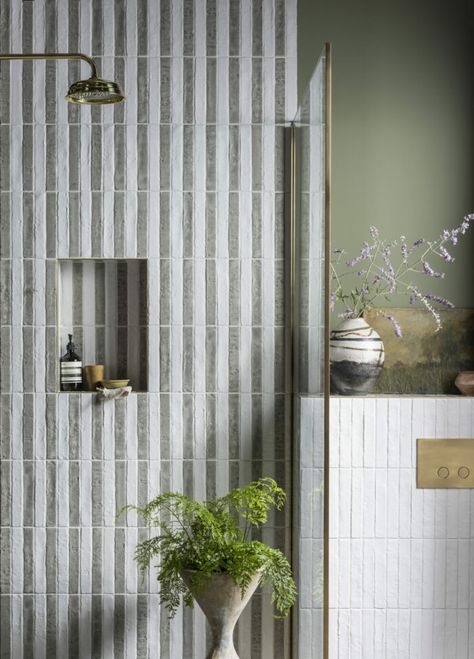 8 New Inspirational Bathroom Designs | Mandarin Stone Sage Green Tiles, Green Tile Bathroom, Mandarin Stone, Green Tiles, Striped Tile, Loft Bathroom, Herringbone Tile, Brick Tiles, Unique Bathroom