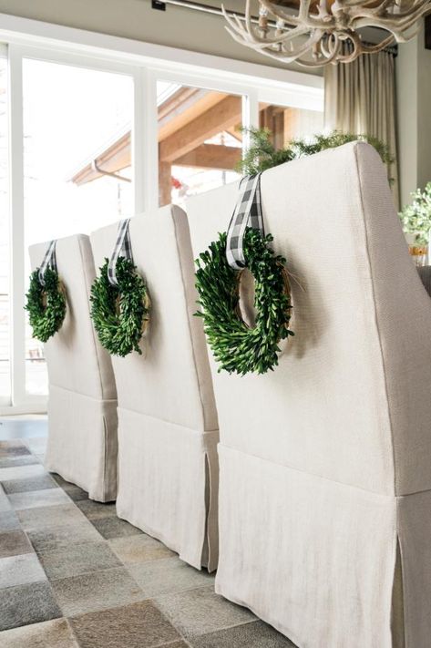 Chair Wreaths Christmas Decor, Chair Wreaths, Boxwood Wreaths, Upholstery Pins, Holiday Decorating Ideas, Hgtv Dream Homes, Hgtv Designers, White House Christmas, Christmas Chair