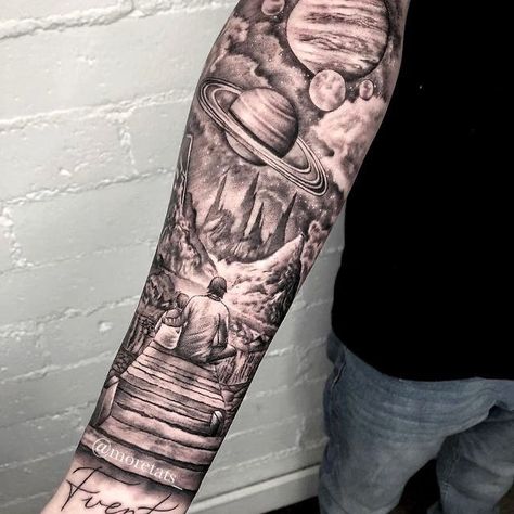 Galaxy Leg Tattoos Women, Out Of This World Tattoos, On Top Of The World Tattoo, Galaxy Arm Sleeve Tattoo, Galaxy Tattoo Men, Planet Hand Tattoo, Space Leg Sleeve Tattoo, Earth Tattoo Sleeve, Loner Tattoos Men