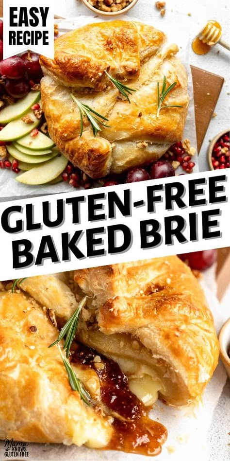 This Gluten-Free Baked Brie is the perfect party appetizer. It's made with just four simple ingredients and requires 5 minutes of prep. Gluten Free Baked Brie Recipes, Gluten Free Brie Recipes, Gluten Free Lactose Free Appetizers, Baked Brie Gluten Free, Gluten Free Brie Appetizer, Gluten Free Baked Brie, Gluten Free Puff Pastry Appetizers, Simple Gluten Free Appetizers, Gluten Free Savoury Snacks