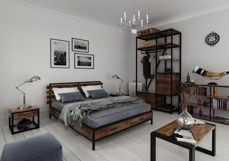 Loft Furniture Design, Loft Living Space, Industrial Style Bedroom, Minimal Modern Design, Loft Style Bedroom, Loft Furniture, Lamp Handmade, Black Room, Small Bedroom Decor