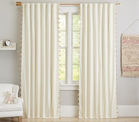 The Emily &#38; Meritt Tassel Panel Window Update, Kids Blackout Curtains, Pom Pom Curtains, Twin Nursery, Bedroom Drapes, Blackout Panels, Emily And Meritt, Gold Nursery, Shabby Chic Curtains