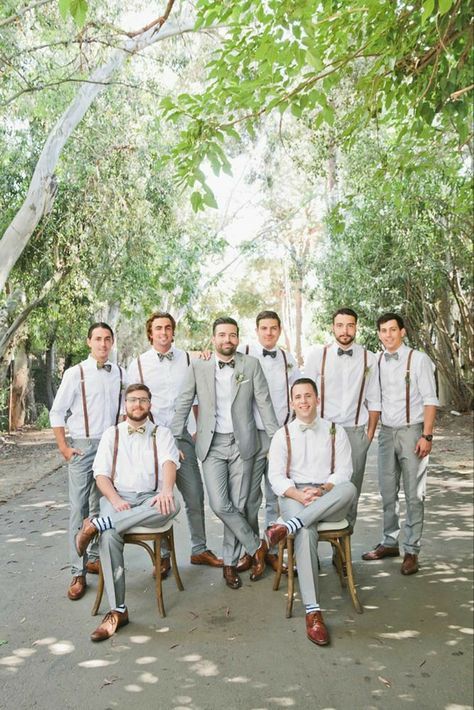 Groom and Groomsmen Attire Inspo Groomsmen In Shirt And Tie, Guys Wedding Tuxedos, Bohemian Wedding Groomsmen, Light Grey Suit Green Tie Wedding, Light Gray Groomsmen Suits Suspenders, Gray Suit With Suspenders, Bohemian Wedding Outfit Men, Grey Suit Suspenders Wedding, Grey Pants And Suspenders Wedding