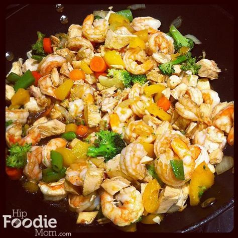 Chicken_shrimp_stir_fry_HipFoodieMom.com Shrimp And Chicken Stir Fry, Chicken Shrimp Stir Fry, Chicken And Shrimp Stir Fry, Shrimp Stir Fry Recipe, Fry Shrimp, Shrimp And Chicken, Stir Fry Shrimp Recipes, Chicken Broccoli Stir Fry, Amazing Chicken