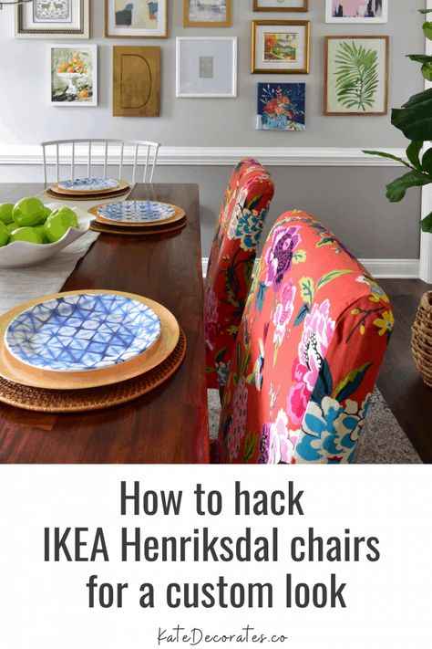 This IKEA Henriksdal hack will take plain old dining chairs to the next level. Check out this easy IKEA Henriksdal chair hack! Dining Room Chairs Diy, Parson Chair Covers, Henriksdal Chair Cover, Ikea Chair Cover, Ikea Dining Chair, Ikea Dining Room, Dining Room Gallery Wall, Diy Chair Covers, Dining Chair Makeover