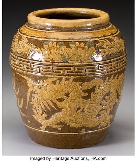 Asian:Chinese, A Large Chinese Glaze Majolica Jar with Dragon and ChrysanthemumMotif. Marks: (incised character marks) Copper Molds, Chinese Egg, Zhou Dynasty, Planting Pots, Chinese Ceramics, September 17, Chinese Dragon, Venetian Glass, Mercury Glass