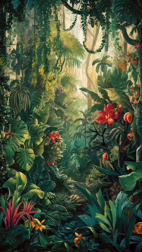 Plants Dancing, Enchanted Jungle, Rainforest Flowers, Jungle Aesthetic, Lush Jungle, Jungle Flowers, Nature Collage, Jungle Art, Mystical Forest