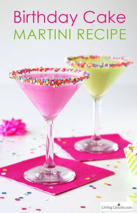 Colorful Birthday Cake Martini. An easy cocktail recipe that tastes just like a birthday cake! One of the Best Party Recipe Ideas. ~ LivingLocurto.com Birthday Cake Drink, Pineapple Sangria Recipes, Birthday Cake Vodka, Pastel Drinks, Birthday Cake Martini, Martini Recipes Easy, Cake Martini, Coconut Rum Drinks, Funfetti Birthday