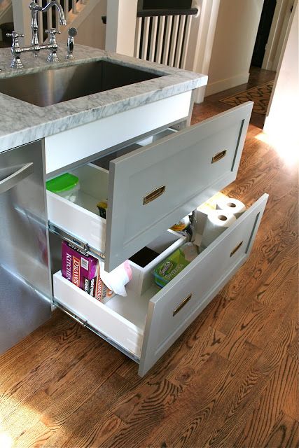 design dump: drawers under the kitchen sink Under Kitchen Sink Storage, Under Sink Drawers, Under The Kitchen Sink, Under Kitchen Sink, Under Sink Cabinet, Kitchen Sink Storage, Kitchen Drawer Organization, Sink Storage, Kitchen Storage Solutions