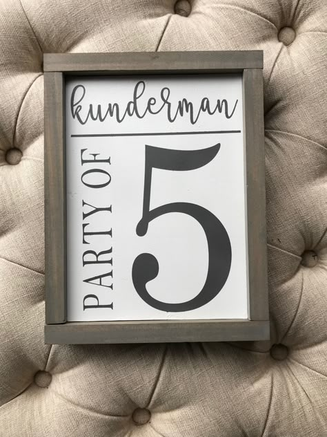 Last name sign.  Family sign.  Party of 5 sign.  Gray stain Family Sign Ideas Cricut, Party Of 5 Sign, Cricut Projects Family Sign, Party Of 6 Family Sign, Family Cricut Sign, Signs With Last Name, Family Name Sign Diy, Party Of 3 Family Sign, Party Of 5 Family Sign