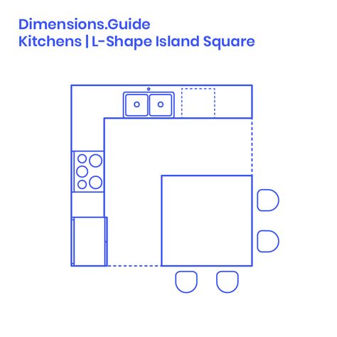 L-Shape Kitchen Islands (Square) are common kitchen layouts that use two adjacent walls, or an L configuration, to efficiently array the various kitchen fixtures around a square island counter. Flexible for multiple variations of lengths and depths, L-Shape Kitchen Islands provide extra surfaces. A minimum clearance aisle of 3’6” (1.07 m) is required in front of an L-Shape layout, with recommended widths from 4’-6’ (1.2-1.8 m). An efficient L-Shape Kitchen Island (Square) has matched lengths ... Kitchen Island Layout Design, L Shaped Kitchen With Island Layout, Square Kitchen Layout, Square Island, Kitchen Island Layout, L Shape Kitchen Layout, Kitchen Island Square, L Shape Kitchen, L Shaped Kitchen Designs