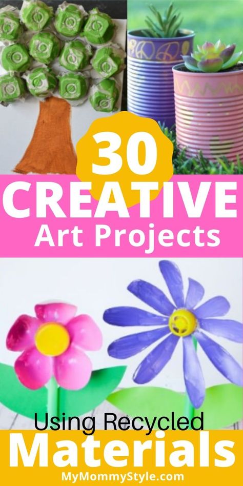 Creative art projects for kids that you can make from recycled items around your house. #activitiesforkids #activitiesforkidsathome via @mymommystyle Class Crafts For Kids, Recycle Crafts For Kindergarten, Recycled Art Preschool, Recycling Art Projects For Kids, Recycling Art Ideas For Preschool, Recycle Art Projects For Kids, Kindergarten Recycled Art Projects, Recycled Crafts Kids Projects, Recycled Crafts Kids