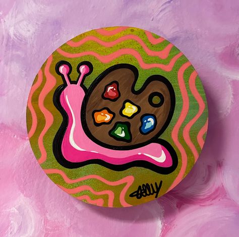 5" round wood cutout original hand painted paint palette snail painting Cd Painting Ideas, Paint Pallete, Snail Painting, Round Paintings, Cd Painting, Pink Canvas Art, Trippy Drawings, Cholo Art, Rhinestone Projects