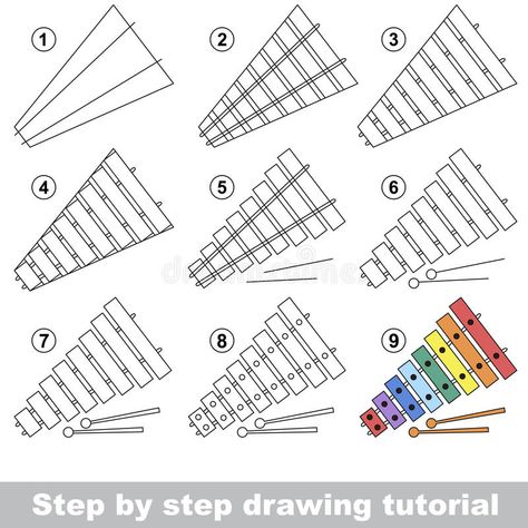 Xylophone. Drawing tutorial. Drawing tutorial for children. How to draw the funny Xylophone vector illustration Xylophone Drawing, How Draw, Tree Drawings Pencil, 3d Art Drawing, Music Drawings, Easy Drawings For Kids, Art Sketches Pencil, Drawing Simple, Artist Portfolio