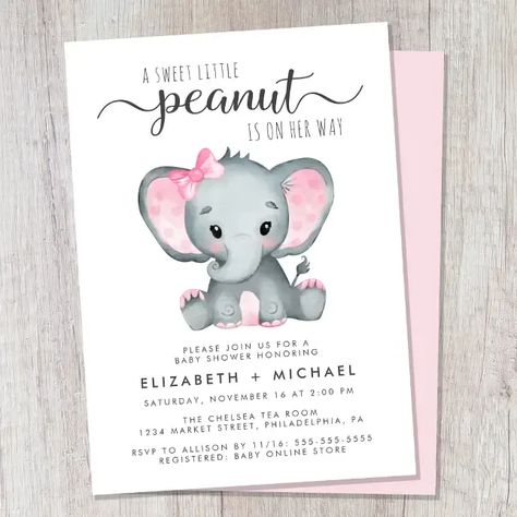 A cute baby girl couples shower invitation with "A Sweet Little Peanut Is On Her Way" written in a mixture of soft grey modern typography and a stylish script, and a pastel pink watercolor of a baby elephant. Personalize the names of the mother and father and the baby sprinkle details in simple grey typography. Twin Boy And Girl Baby Shower, Twin Boys Baby Shower, Twin Girl, Couples Baby Shower Invitations, Virtual Baby Shower Invitation, Twin Baby Girls, Boy Shower Invitations